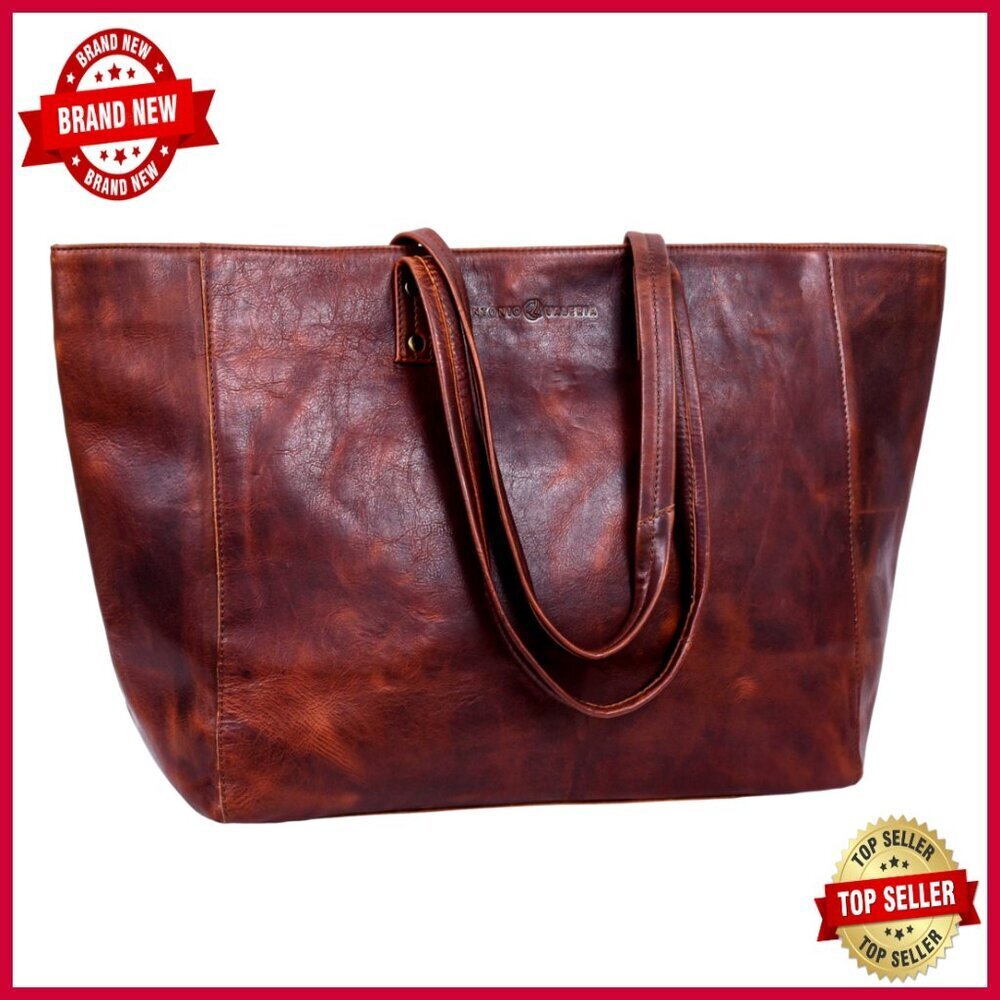 Genuine Leather Tote Bag with Top Handle and Shoulder Strap, Medium Size
